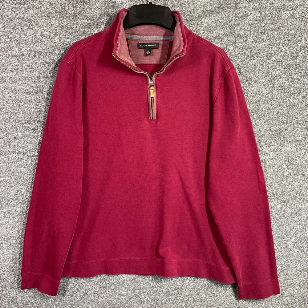 Banana Republic Pullover Sweater Mens M Red Plum 100% Cotton Quarter Zip